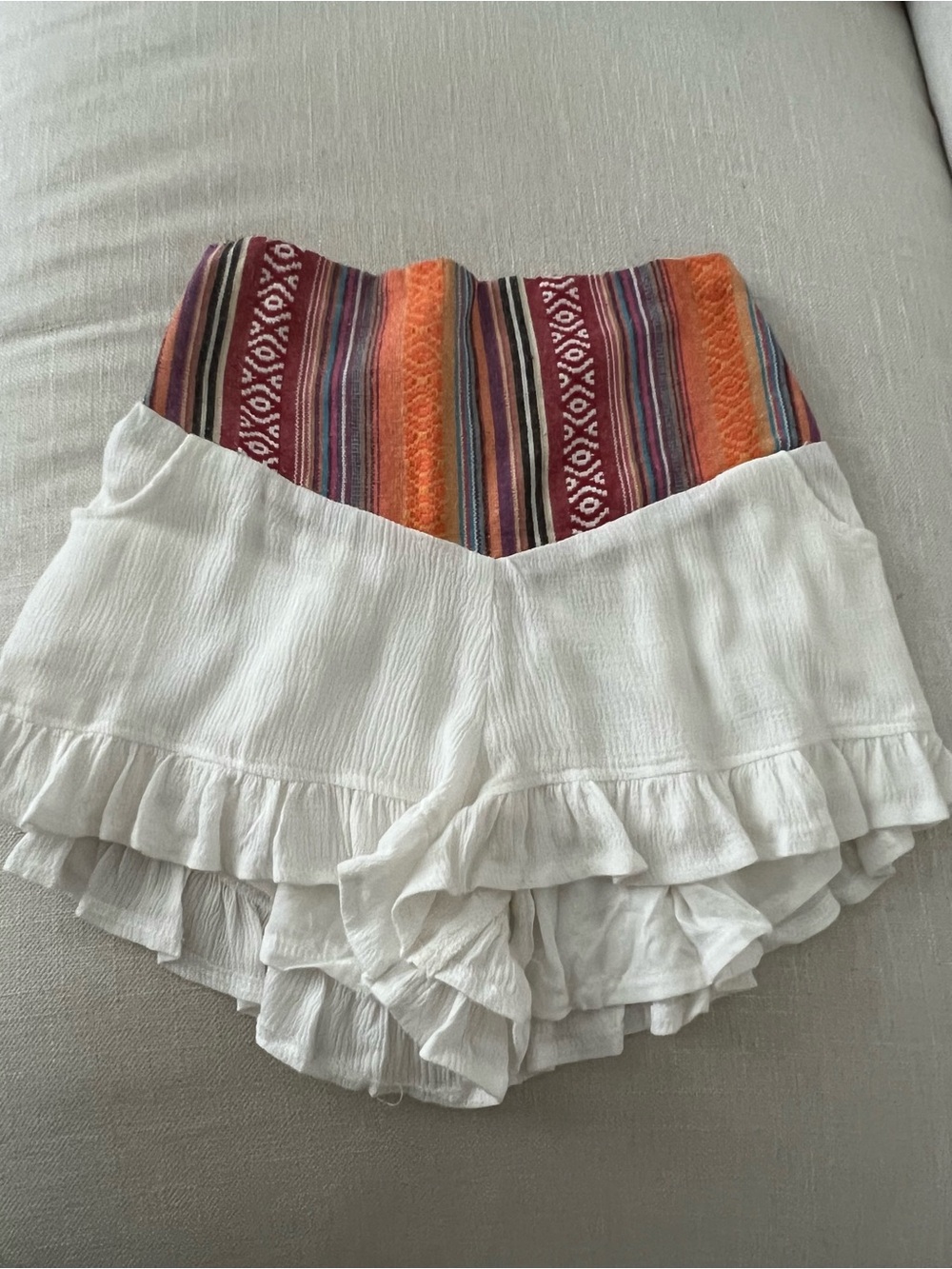 Angel Biba White Ruffled Shorts with Multicolor Aztec Waistband